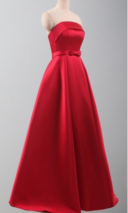 Strapless Long Red Satin Princess Prom Gowns Lace Up Back KSP522