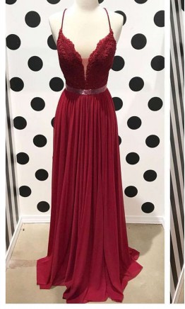 Burgundy Lace Prom Dresses with Open Back KSP523