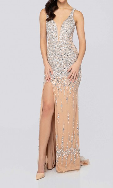 Long V-neck Sleek Prom Dresses Slit with Tank Straps