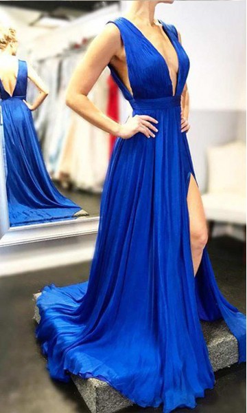 Deep V-neck Long Blue Prom Dresses Sexy