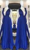 Deep V-neck Long Blue Prom Dresses Sexy