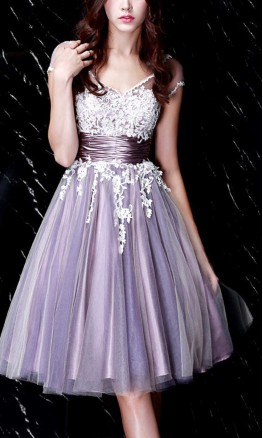 Pastel Purple Applique Short Graduation Dresses Bow Knot KSP531