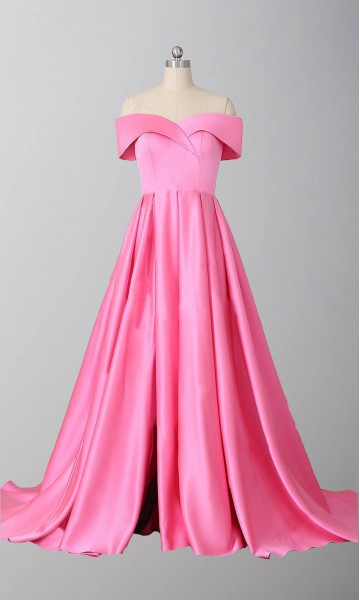 Pink Satin Off Shouder Prom Ball Dresses with Slit