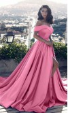 Pink Satin Off Shouder Prom Ball Dresses with Slit