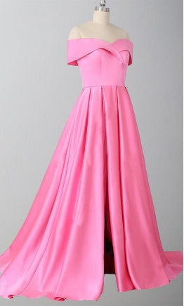 Pink Satin Off Shouder Prom Ball Dresses with Slit KSP538