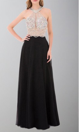 Embellished Crystal Long Black Halter Straps Prom Dresses KSP541