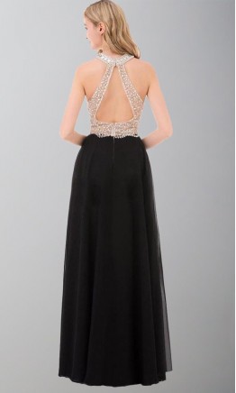 Embellished Crystal Long Black Halter Straps Prom Dresses KSP541