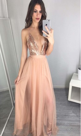 Metallic Backless Prom Dress Long With Spaghetti Straps KSP548