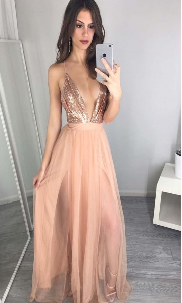 Metallic Backless Prom Dress Long With Spaghetti Straps