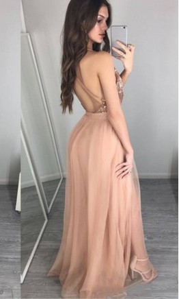 Metallic Backless Prom Dress Long With Spaghetti Straps KSP548