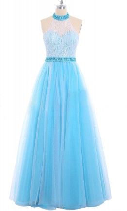 Tiffany Blue and White Halter Prom Ball Gowns KSP552