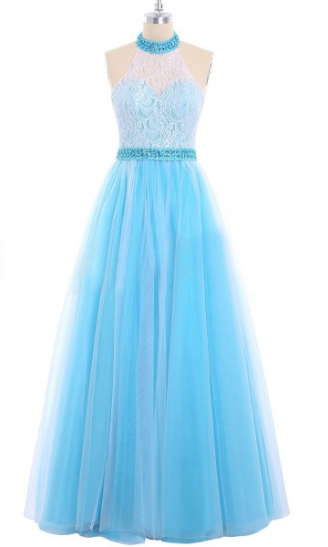 Tiffany Blue and White Halter Prom Ball Gowns