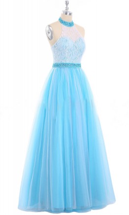 Tiffany Blue and White Halter Prom Ball Gowns KSP552