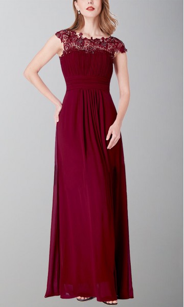 Burgundy Long Floral Lace and Chiffon Bridesmaid Dresses KSP554