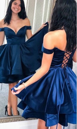 Navy Blue Short Tiered Prom Dresses with Sleeves KSP557