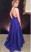 Long Royal Blue Satin Prom Dress Criss-cross Straps 