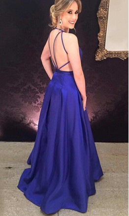 Royal Blue Satin Criss-cross Straps Prom Dress Long KSP559