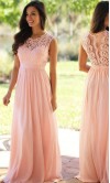 Pink Lace Long Bridesmaid Dresses with Sheer Jewel neckline KSP560