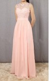 Pink Lace Long Bridesmaid Dresses with Sheer Jewel neckline KSP560