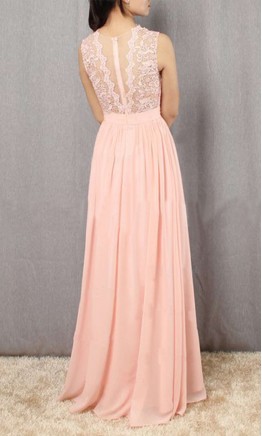 Pink Lace Long Bridesmaid Dresses with Sheer Jewel neckline KSP560