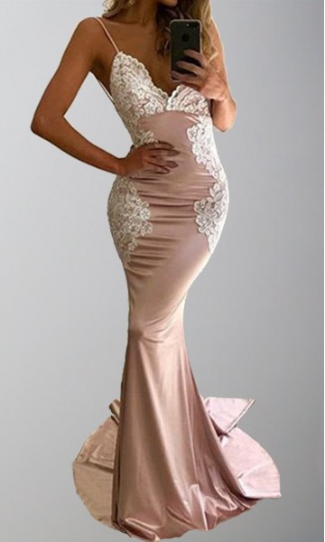 Applique Pink Mermaid Prom Dresses with Train 