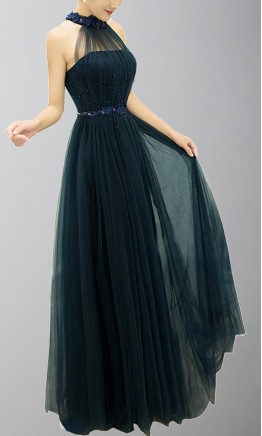 Dark Blue Long Prom Dresses with Halter Sheer Top KSP567