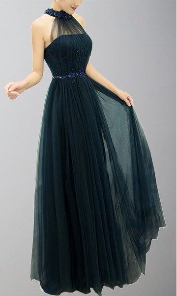 Dark Blue Long Prom Dresses with Halter Sheer Top