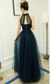 Dark Blue Long Prom Dresses with Halter Sheer Top