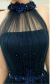 Dark Blue Long Prom Dresses with Halter Sheer Top