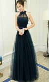 Dark Blue Long Prom Dresses with Halter Sheer Top