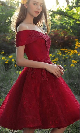 Red Lace Off Shoulder Short Prom Dresses Lace Up Back KSP574