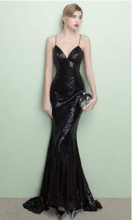 Sequin Long Bustier Black Prom Dresses with Train KSP576