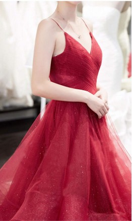 Long Sparkle Sequin Red Prom Gowns with V-neck