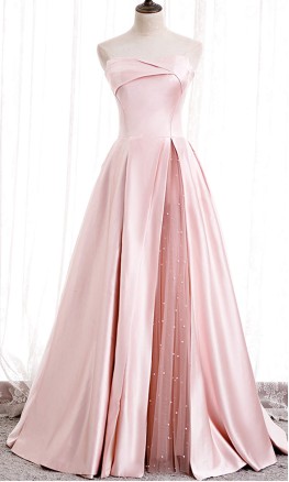 Pink Strapless Satin and Tulle Splice Prom Ball Gowns KSP582