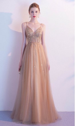 Gold Champagne Prom Dresses with Tie Spaghetti Straps KSP584