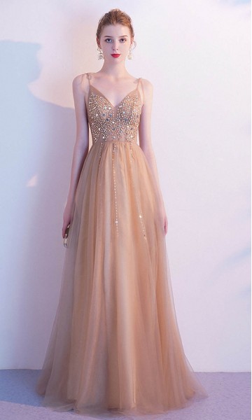 Gold Champagne Prom Dresses with Tie Spaghetti Straps