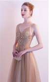 Gold Champagne Prom Dresses with Tie Spaghetti Straps