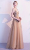 Gold Champagne Prom Dresses with Tie Spaghetti Straps