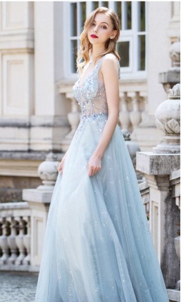 Puffy Ice Blue Prom Dresses Flower Pattern Embellishment KSP586