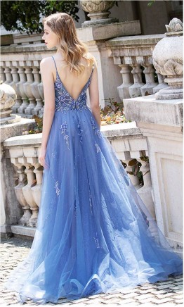 Royal Blue Spaghetti Sheer V-neck Long Prom Dresses KSP588