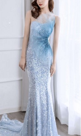 Blue Ombre Glitter Sequin Mermaid Prom Dresses with Train KSP590