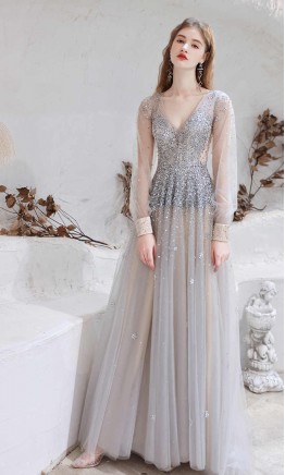 Sparkly Sequined Long Prom Dresses Long Sleeves KSP599