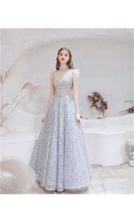 Exquisite Embellished Long Grey Prom Dresses Falbala Edge KSP605