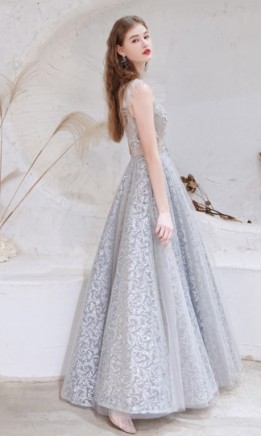 Exquisite Embellished Long Grey Prom Dresses Falbala Edge KSP605