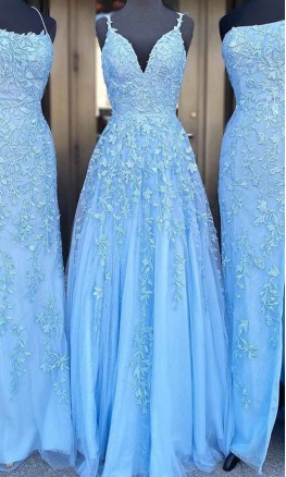 Appliqued and Beaded V-neck Long Light Blue Prom Dresses KSP606