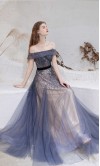 Embellished Long Blue Off Shoulder Prom Dresses Long