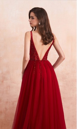 Sparkly Long Red Prom Dresses Thigh Slit