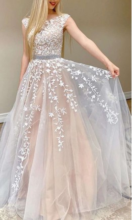 Illusion Neck Appliqued Long Prom Gown Dress KSP609