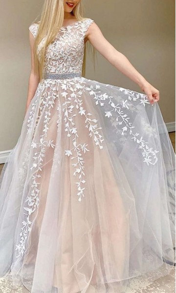 Illusion Neck Appliqued Long Prom Gown Dress 