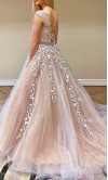 Illusion Neck Appliqued Long Prom Gown Dress 